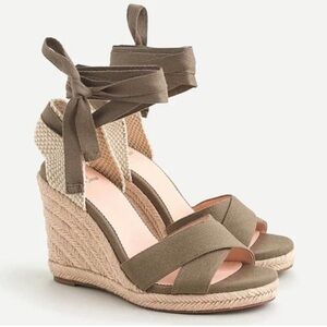 J. Crew Lace Up Leather Canvas Espadrilles Wedges Forrest Green Womens Size 10